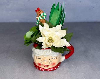 Mini Mrs. Claus Mug Paper Flower Succulent and Poinsettia Pot