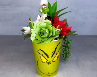 Grinch Plastic Cup Paper Flower Succulent and Poinsettia Pot