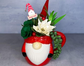 Red Gnome Mug Paper Flower Succulent and Poinsettia Pot