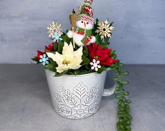 Snowflake Mug with Snowman Pick Paper Flower Succulent and Poinsettia Pot