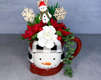 Snowman Face Mug Paper Flower Succulent and Poinsettia Pot