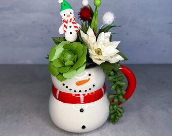 Snowman Mug Paper Flower Succulent and Poinsettia Pot