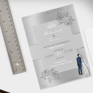 Bewerkbare digitale islamitische bruiloft uitnodiging sjabloon Nikkah Walimah Shaadi Baraat bewerkbare Envite, zilver en witte roos