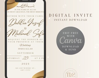 Muslim Elegant Nikah Invitation, Editable Reception Evite Printable Walima Card
