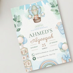 Bewerkbare islamitische blauwe aquarel Aqeeqah uitnodiging digitale download, geboorteaankondiging uitnodigen
