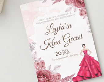 Editable Digital Download Leyla'in Kina Gecesi Pink and Red Watercolor Invitation Kina Davetiyesi Template