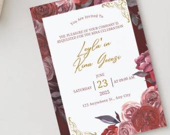 Editable Digital Download Leyla'in Red and Gold Floral Kina Invitation Kina Davetiyesi Template