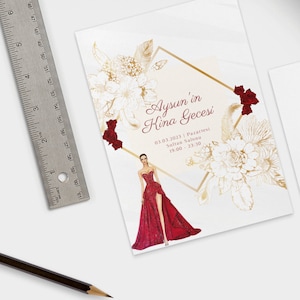 Kina Gecesi Davetiye, Henna Night Invitation, Red and Gold Minimal Elegant Henna Invitation, Turkish, Digital Download, Editable