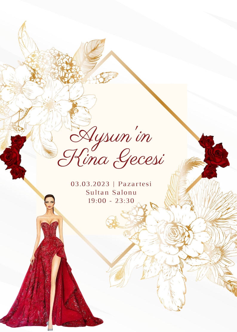 Kina Gecesi Davetiye, Henna Night Invitation, Red and Gold Minimal