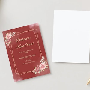 Dilhan&#39;in Red & White Floral Watercolor Henna Night Invitation, kina Gecesi , Turkish, Digital Download, Editable