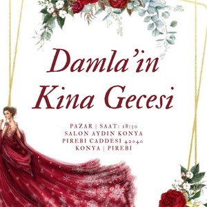 Kina Gecesi Davetiye, Henna Night Invitation, Kirmizi Elbise Kina