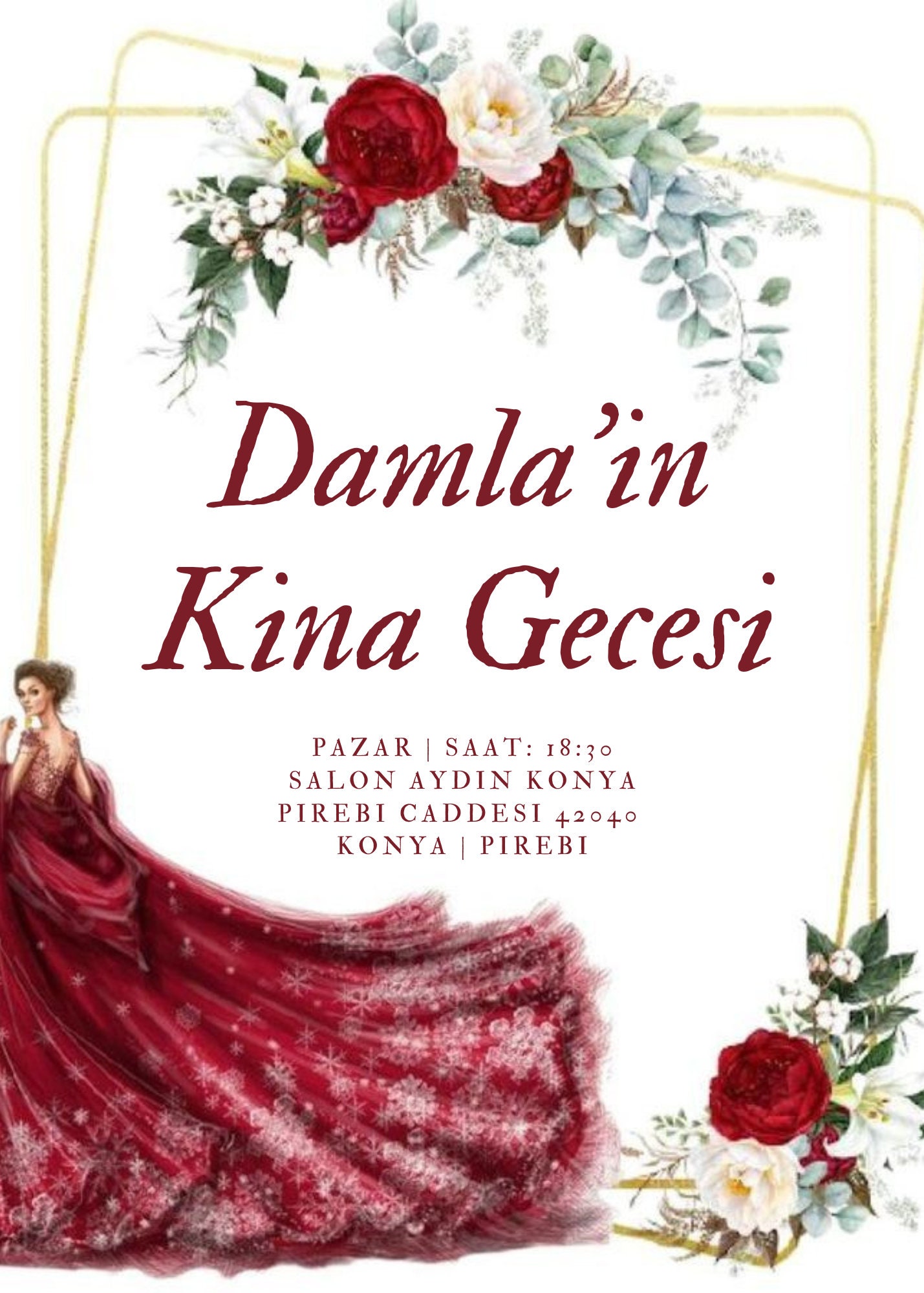 Kina Gecesi Davetiye, Henna Night Invitation, Kirmizi Elbise Kina