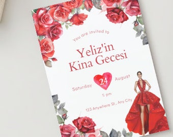 Floral Kina Gecesi Invitation: Red Roses, Valentine's Theme (Editable Digital Download)