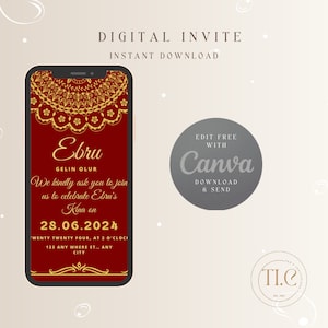 Convite para Noite de Henna Vermelha e Dourada: Design Turco Elegante (Download Digital)