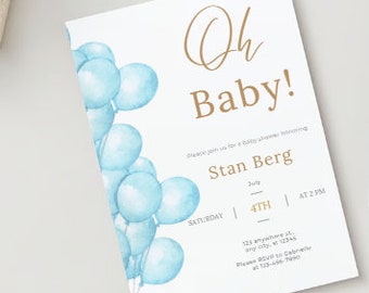 Editable Digital Download Oh Baby Gold and Blue Balloons Boy Baby Shower Invitation Template