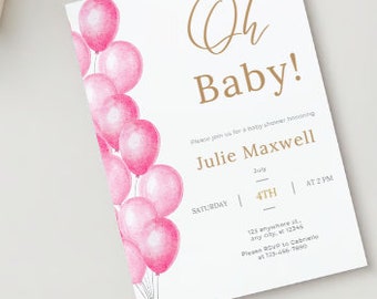Editable Digital Download Oh Baby Gold and Pink Balloons Girl Baby Shower Invitation Template