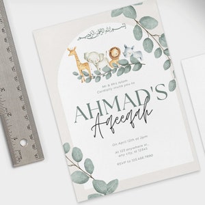 Invitations islamiques unisexes Aqeeqah modifiables en téléchargement numérique, invitation à l’annonce de naissance, animaux feuillus imprimables Aqiqah Evite