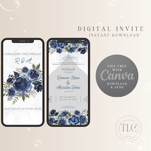 Editable Digital Muslim Wedding Invitation Template Nikkah Walimah Shaadi Baraat editable Envite, Navy Blue