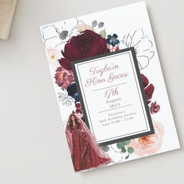 Kina Gecesi Davetiye, Henna Night Invitation, Tugba'in Kina Gecesi Flowers Elegant Henna Invitation, Turkish, Digital Download, Editable