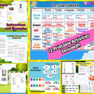 May include: A printable set of 12 Dr. Seuss themed activities for kids. The activities include circle time, science, art, table centers, small groups, and math activities. The activities are designed to be fun and engaging for children.