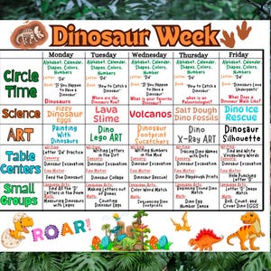 Könnte beinhalten: Ein farbenfrohes Diagramm mit einem Dinosaurier-Thema für eine Woche voller Aktivitäten. Das Diagramm ist in Wochentage unterteilt, wobei jeder Tag eine andere Dinosaurier-Aktivität bietet. Die Aktivitäten umfassen Kreiszeit, Naturwissenschaften, Kunst, Tischzentren und Kleingruppen. Das Diagramm enthält auch einen Dinosaurier-Fußabdruck und eine Dinosaurier-Silhouette.