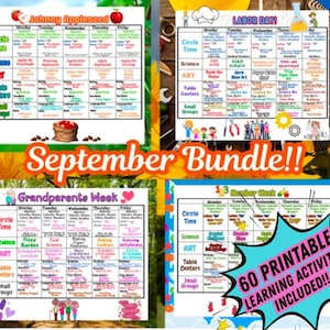May include: A collection of four colorful educational activity charts for September, including themes like Johnny Appleseed, Labor Day, Grandparents Week, and Number Week. The charts feature daily activities and the text "September Bundle!!" and "60 Printable Learning Activities Included!!".