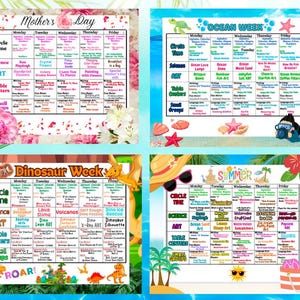 Peut inclure: Un tableau imprimable coloré avec un horaire hebdomadaire pour une classe ou une garderie. Le tableau est divisé en jours de la semaine et comprend des activités comme le temps du cercle, les sciences, l'art, les centres de table et les petits groupes. Les thèmes des semaines sont la fête des mères, la semaine de l'océan, la semaine des dinosaures et l'été.
