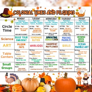 May include: A colorful chart with a colonial theme. The chart is divided into a grid with days of the week listed across the top. Each day has a different activity for each subject area: Circle Time, Science, Art, Table Centers, and Small Groups. The activities include building a boat, making butter, sprouting Indian corn, making marbles, and growing green beans.