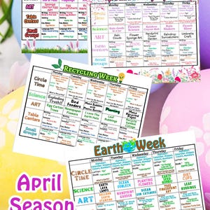 May include: Four printable weekly lesson plan charts for preschool or kindergarten teachers. The charts are colorfully designed with a theme for each week: Easter, April Showers, Recycling, and Earth. Each chart includes a daily schedule with activities for circle time, science, art, table centers, and small groups.