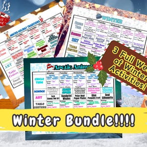May include: Three printable weekly lesson plans for winter themed activities for preschool or kindergarten. The plans include activities for circle time, science, art, table centers, and small groups. The plans are titled "Winter Holiday Traditions", "Arctic Animals", and "Winter".