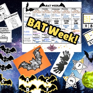 Puede incluir: Un calendario de aula imprimible colorido para un tema de una semana sobre los murciélagos. El calendario incluye actividades para cada día de la semana, como el alfabeto, las formas, los colores, los números y la escritura. El calendario también incluye una actividad de matemáticas sobre el tema de los murciélagos con estrellas y números.