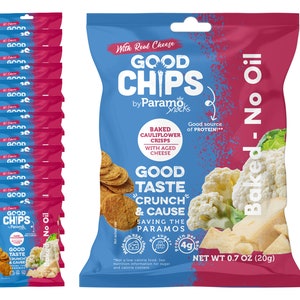 Baked Cauliflower Chips with Aged Cheese Good Source of Protein Oil Free Vegetarian 0.7 oz Bags Pack of 12 By Paramo Snacks