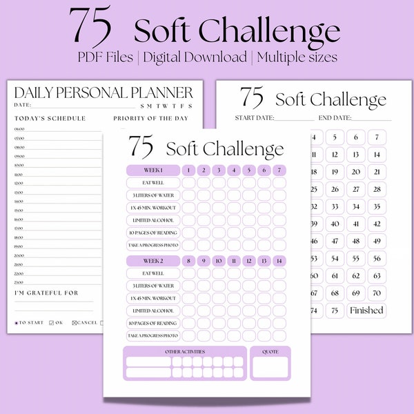 75 Soft Challenge, Easier 75 Hard, 75 Soft, 75 Soft Template, Purple, 75 Day Challenge, 75 Day Soft Tracker, Habit Tracker, Fitness Planner