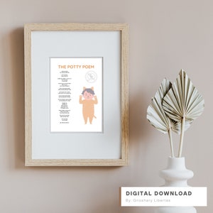 May include: A printable poster with a poem about potty training. The poem is titled "The Potty Poem" and features a cartoon illustration of a child in a lion costume. The poster is framed in a light wood frame.