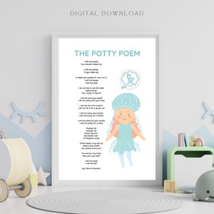 Könnte beinhalten: Ein druckbarer Poster mit einer blauen und rosa Illustration eines Mädchens, das einen Muschelhut trägt. Das Poster zeigt ein Gedicht mit dem Titel "The Potty Poem" mit Text über Töpfchentraining.
