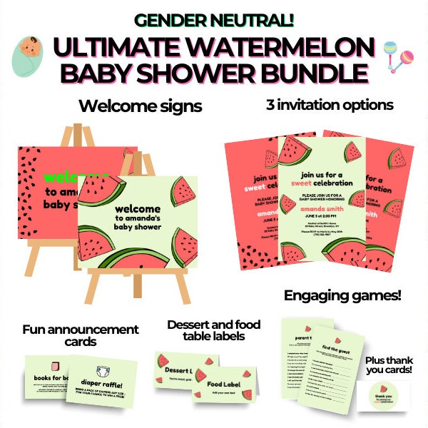 Watermelon Baby Shower Bundle | Summer Baby Shower | Invitations, Decorations, Games, Thank You Cards & More | Gender Neutral Baby Shower