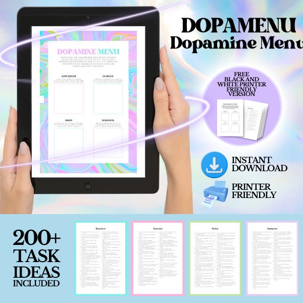 Dopamenu Dopamine Menu | 200+ Task Ideas Included | Holographic Rainbow ADHD Dopamine Menu | Printable, iPad, Samsung | Instant Download PDF