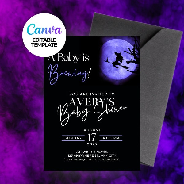 Editable Witch Baby Shower Invitation, Halloween Purple Spooky Baby Shower Printable, Purple Canva Editable Template A Baby is Brewing Witch