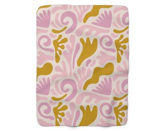 Boho Groovy Floral Sherpa Fleece Throw Blanket / Pink + Ochre + Cream