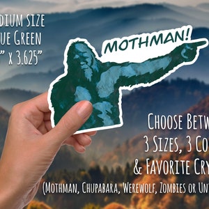 Funny Bigfoot/Sasquatch pointing sticker. Blue Green color choice with Favorite Cryptid and Size selections.