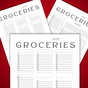 May include: Three white grocery list layouts with the text "GROCERIES" and "DATE:" printed in black. Each layout includes checkboxes and lines for listing items. The top of the image reads "3 LAYOUTS INCLUDED."