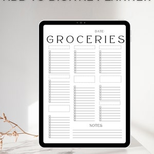 May include: A digital planner displayed on a black tablet. The screen shows a grocery list template with the word "GROCERIES" at the top. The text "ADD TO DIGITAL PLANNER" is above the tablet. The template includes checkboxes and lines for notes.