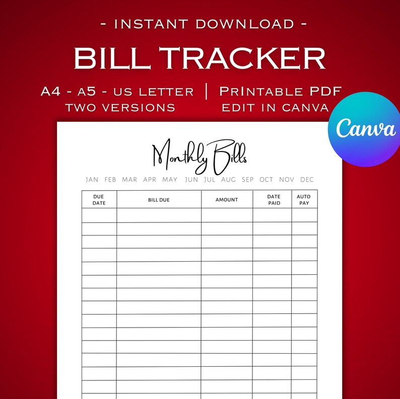 Monthly Bill Tracker Printable, Canva Template, Expense Tracker ...