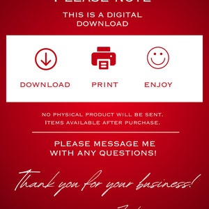May include: Red digital download announcement with white text. The text includes "PLEASE NOTE", "THIS IS A DIGITAL DOWNLOAD", and instructions to download, print, and enjoy. The image also includes a thank you message.