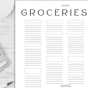 May include: A white paper grocery list with the word "GROCERIES" in large, black, sans-serif font. The top of the page reads "PRINT ENDLESS COPIES". The list has lined sections for items and notes, with a space for the date.