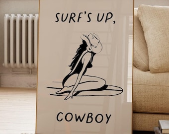 Stampa da cowboy, poster vintage da cowboy, arte murale da cowgirl costiera, poster western, arredamento per la casa da surf, arte murale stampabile da cowboy, 1 stampa