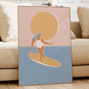 Impresión de surf, arte de pared de playa, decoración costera para el hogar, póster de chica surfista, arte de pared minimalista, póster moderno del océano, regalo de surf, descarga digital, 1 impresión