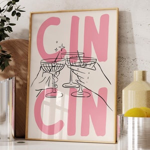 Impresión de Cin Cin, arte de pared con saludos, lindo póster de cocina, póster de cóctel, arte de pared de moda de Cin Cin para decoración de carritos de bar, descarga digital, arte imprimible