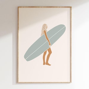 Surf Print Trendy Coastal Decor Surfer Girl Poster Beachy Wall Art Surfboard Print Blue Surf Poster Cute Surf Poster Digital Download