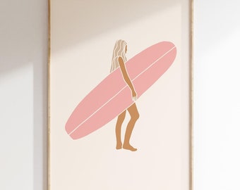 Surf Print Trendy Beach Print Surfboard Wall Art Coastal Home Decor Surfer Girl Print Pink Beach Home Art Print Digital Download 1 Print